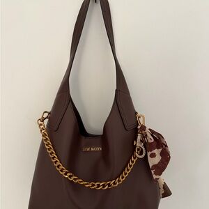 Steve Madden Brown Leather Chain-Accent Shoulder Bag